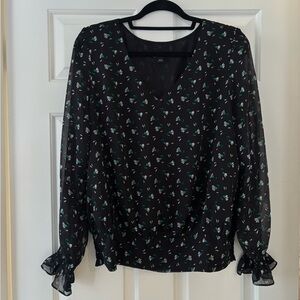 Ann Taylor Black Blouse with Green and White Floral Pattern - Like New - L